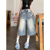 Vintage Personality To Do Old Star Print Denim Shorts Women Summer Thin High-Waisted Loose Broad-Legged Seven-Pointed Trousers
