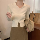 Over-Necked Bottom-Up Shirt Women's Autumn And Winter High-End Feel-Tuned Sweater With Polo Collar Knitted Small Short Top