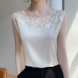 Silk Satin 2026 Spring And Summer New Women's Rounded Sleeveless Vest T-Shirt Mesh Spliced Tops And Bottom Shirts
