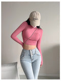 Pure Hot Girl Half-High Collar Shoulder Long-Sleeved T-Shirt Autumn And Winter New Side-Waist Folded Elastic Repair Shirt Short