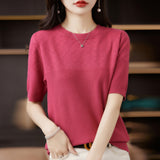 Wool Blending 2026 Autumn And Winter New Women's Round Collar Collar Drawing Solid Color Hollow Top Five-Sleeve Knitted Shirt