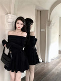 One-Word Shoulder Long-Sleeved Dress Women's Spring 2025 New French Name Wind To Close The Waist Thin And Fluffy Small Black Dress