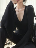 Spice Girls V Collar Horn Sleeve T-Shirt Girl Autumn Slimming Design Feel Fork Black Long-Sleeved Blouse