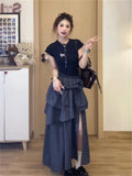 Korean Ins Fashion Short-Sleeved Lattice Dress Feline Dress Felined Summer Temperament Design Sense Multi-Layer Dress Open Fork Cake Dress