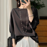 Silk Satin 2026 Spring And Summer Women's New Round Collar Loose Temperament T-Shirt Seven-Sleeve Solid Color Simple Match Cloth