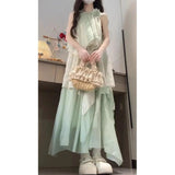 French Tea Break Small V-Neck Green Dress Woman 2025 Summer New Warm Gentle Wind Princess Dress