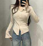 Spring And Autumn Polo Collar Pure Lustful Design Long-Sleeved Shirt Girl Thin Shoulder Hottie Top