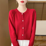 Wool Blended 2026 Autumn And Winter New Round Collar Short Solid Color Thick Shoulder Sleeve Star Buckle Knitted Cardigan Sweater