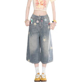 Vintage Star Print Denim Seven-Point Trousers Women's Summer New Worn Loose Broad Legs Straight 7 Points Trousers