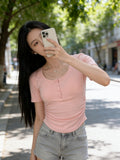 Pure Lustful Wind U Collar Short Sleeves Shoulder T-Shirt Girls Summer Irregular Elastic Display Thin Short Green Top