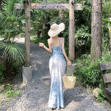 French Pure Blue And White Porcelain Holiday Style Dress Temperament Waist Thin Sling Skirt Screen Printing Seaside Dress