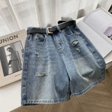 Pear-Shaped Body Hole Denim Shorts Women Summer Thin Large Size Fat Mm High-Waisted Shading A-Legged Five-Point Trousers
