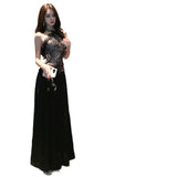 French Retro Splicing Lace Side-Husted Neck Dress Beautiful Beautiful Beautiful Beautiful Waist Skirt