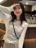 Sweet And Spicy Wind Shoulder Long-Sleeved Letter Printing T-Shirt Girls Spring And Autumn Small Slim Slim Short White Bottom Top