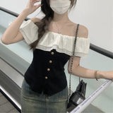 Design Sense Of A Small Sense Of Chic Waist Blouse Summer New Women's Style French Lotus Side Shoulder Short-Sleeved T-Shirt