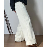 Large-Size Rice White Jeans Women Spring And Autumn Fat Mm Pear-Shaped Body Loose High-Rise Thin Straight Broad Leg Pants