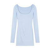 Blue Thin Slim Long-Sleeved T-Shirt Girl Spring Sweet Hot Girl Tight U Collar With Bottom Shirt Casual Sunscreen Top