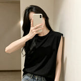 Can Shoulder White T-Shirt Women Sleeveless Summer Korean Version Of Loose Round Neck Solid Color Net Version Wide Shoulder Outside Wearing Waistcoat