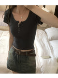 Threaded Button-Buttoned Shirt Women's Short-Sleeved 2025 Summer New Round Collar Wear Slim Slim Top Bottom Shirt