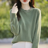 Wool Blended 2026 Autumn And Winter New Women's Round Neck Nails Loose Long-Sleeved Jacket Short Knitted Sweater Bottom Shirt