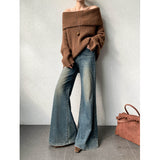 Vintage Water Wash Blue Jeans Women 2025 Autumn New Fashion Micro-Trumpet Drag Wide Leg Pants