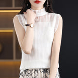 Fine-Woven Wool 2026 Spring And Summer Women's New Short Repair Body Half-High Collar Wood Ear Lace With Knitted Sleeveless Vest