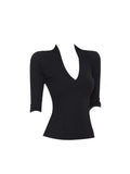 Hottie Style Black V-Neck Mid-Sleeve T-Shirt Girl Spring And Summer New Slim Slim Tops Comfortable Shoulder-To-Shoulder Shirt