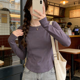 Long-Sleeved T-Shirt Girl Spring And Autumn New Hottie Design With Irregular Bottom Shirt Straight Shoulder Collar Top