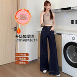 Denning Color Plus Velvet Broad-Legged Jeans Women Autumn And Winter Small Tall Waist Loose Cover Thick Lamb Straight Trousers