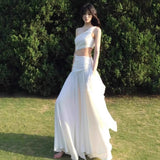 French Niche High-Grade Cold-Sensitive White Slanted Shoulder-Out Dress Women's Seaside Holiday Atmosphere Super Fairy Long Dress