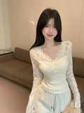 Purely Sexual Lace Lace Collar Hollow Top Women Spring And Autumn New Design Repair Inside The Long-Sleeved T-Shirt