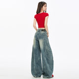 Breaking Hole Scissor Jeans Women Autumn And Winter New High-Waist Design Water Wash Contour Shape Loose Broad Leg Trousers