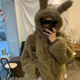 Cute Rabbit Ear Imitation Fur Short Hooded Plush Coat Women Winter Loose Plus Lazy Hairy Fur Coat