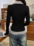 Korean Wearing A Fake Two-Piece Polo Collar Long-Sleeved T-Shirt For Women's New Black Tie Bottom Shirt In Autumn
