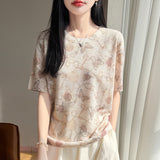Bamboo Syringe 2026 Spring And Summer Women's New High-End Water-Soluble Printing Round Collar Knitting Short-Sleeved Loose Thin T-Shirt
