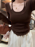 Pure Style Fake Two Long-Sleeved T-Shirt Girls Autumn Dress Inside The Bottom Shirt Design Sense Of Irregular Short Shirt