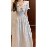 College Style Navy Striped Short-Sleeved Dress Women's Summer 2026 New High-End Feel Waist Temperament Dress