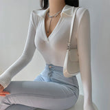 Spice Girl Sexy V-Neck Elastic Tight Slim Long Sleeve Bottom T-Shirt Girl Design Sense Of A Hundred Tops