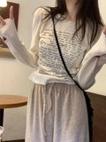 Sweet And Spicy Wind Shoulder Long-Sleeved Letter Printing T-Shirt Girls Spring And Autumn Small Slim Slim Short White Bottom Top