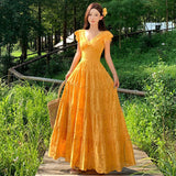 Xinjiang Yunnan Tourism Seaside Holiday Yellow Long V Collar Small Flying Sleeves To Close The Waist Dress French Retro Dress