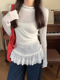 Ballet Style Lace Lace Under The Bottom Of The Bottom Shirt Women's Spring Spring New Fat Mm Folded Clothes Thin Long Sleeves T-Shirt