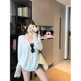 White Lanky Long-Sleeved Loose T-Shirt Women's Autumn Casual Thin Sun Hoodie Pure Color Thin Cloth