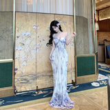 French Niche Beauty Fairy Out Of The Seaside Holiday Dress Sexy Pure Desire V Tie Hanging Print Dress Woman