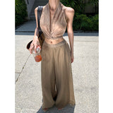 Seaside Vacation Travel Wearing A Suit Summer Sexy Hanging Neck Blouse Pendant Broad Leg Trousers Two Sets Of Single Shot