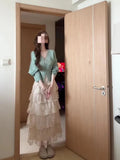 Korean Gentle Wind Two Sets Of Mint Green Hollow Open Shirt + Lace Splicing Cake Skirt Female Fashion Suit