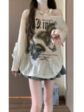 Embroidery Butterfly Waste Soil Wind Long-Sleeved T-Shirts For Spring And Autumn Loose Lazy Hole Vintage Pure Want To Show The Shoulder Hottie Shirt