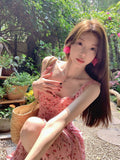 French Irregular Design Floral Sling Dress Women's Seaside Holiday Wind Showing Thin Open Fork A-Word Dress