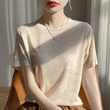 Lyselle 2026 Summer Women's New Women's Short Loose Round Neck Solid Color Short-Sleeved T-Shirt Simple Bottom Top