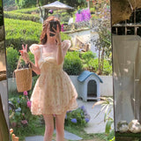 2026 New Broken Flower Dress Women's Spring And Summer Sweet Collarbone Bubble Sleeves To Close The Waist Thin Super Fairy Short-Sleeved Skirt