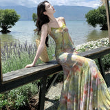 French Holiday Wind Seaside Photo Dizzling Elastic Net Yarn Thin Fishtail Hanging Dress To Collect The Waist And Hip Dress